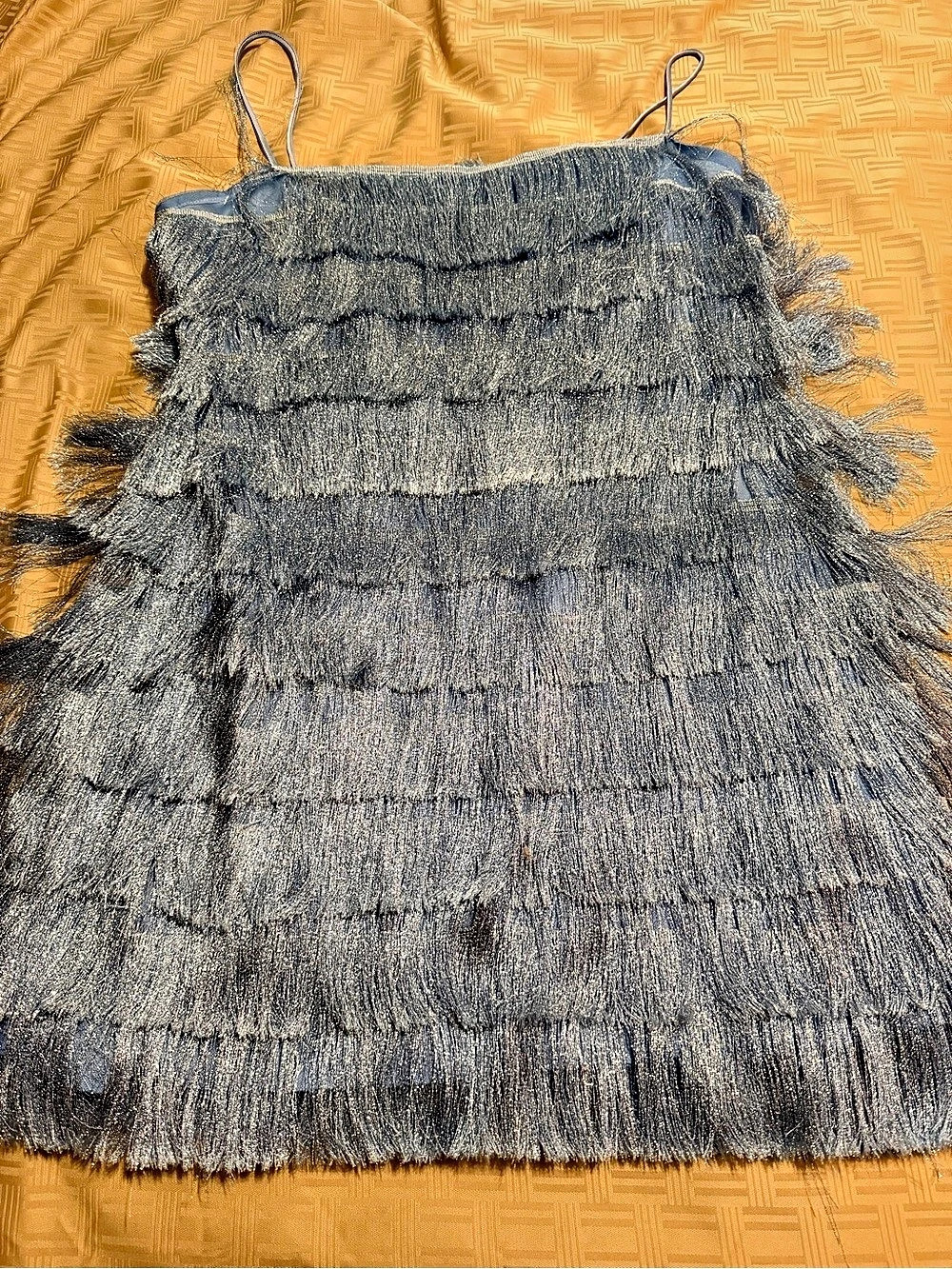 ZARA Fringed Mini Dress Metallic Fringe Blue & Silver XL